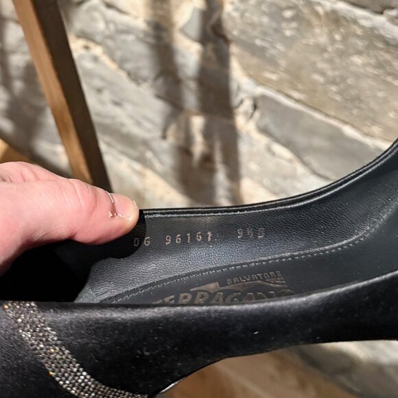 Salvatore Ferragamo Black Satin Crystal Embellished Pumps - Picture 11 of 12